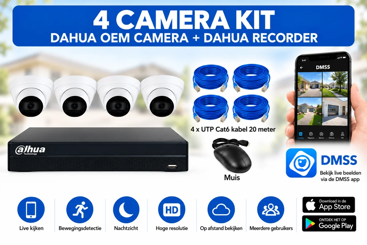 Dahua kit met 4 camera’s, recorder, kabels en muis
